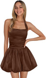 Satin Halter Homecoming Dresses for Teens Short Prom Dress 2027 Flower Bud Ruched Formal Cocktail Gown with Pockets
