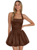 Satin Halter Homecoming Dresses for Teens Short Prom Dress 2027 Flower Bud Ruched Formal Cocktail Gown with Pockets