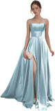 Women's Satin Prom Dresses with Slit Strapless A Line Corset Ball Gowns Spaghetti Straps Formal Evening Gowns with Pockets