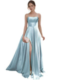 Women's Satin Prom Dresses with Slit Strapless A Line Corset Ball Gowns Spaghetti Straps Formal Evening Gowns with Pockets