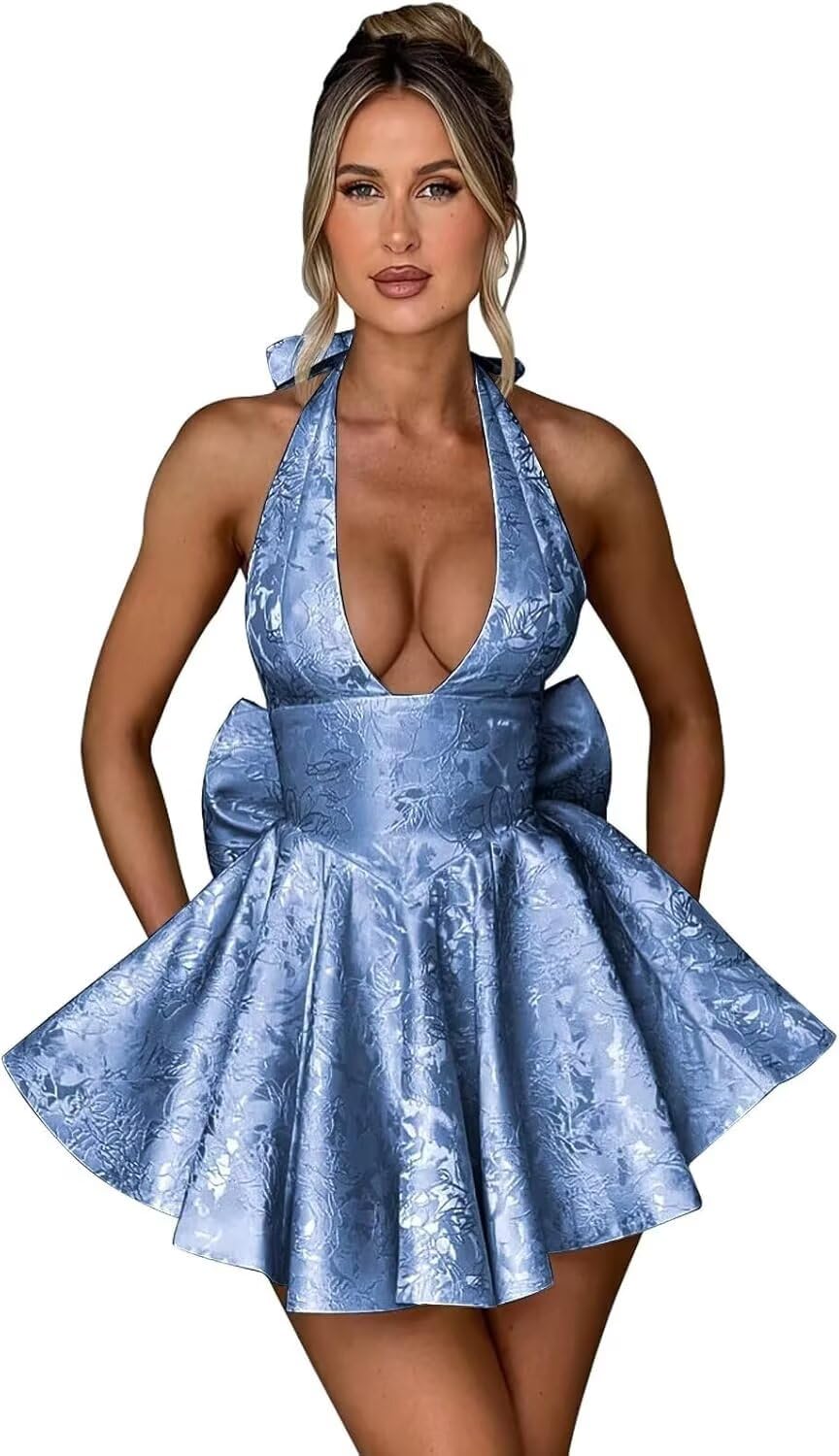 Satin Halter Homecoming Dresses for Teens 2027 V Neck Jacquard A-line Short Prom Cocktail Gowns with Bow