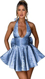 Satin Halter Homecoming Dresses for Teens 2027 V Neck Jacquard A-line Short Prom Cocktail Gowns with Bow