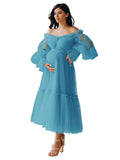 Eightale Tulle Tea Length Maternity Dresses for Photo Shoot Long Sleeve Pregnancy Gown for Baby Shower