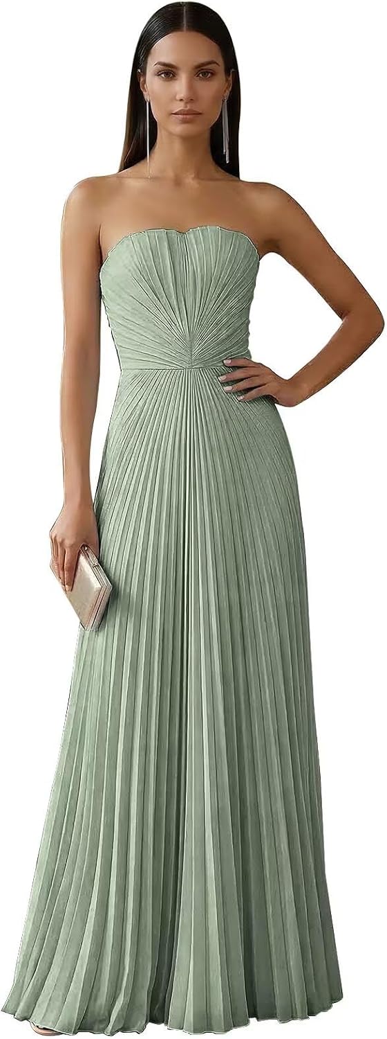 Strapless Prom Dresses for Women Long A Line Cocktail Dress Pleated Chiffon Formal Wedding Guest Dress