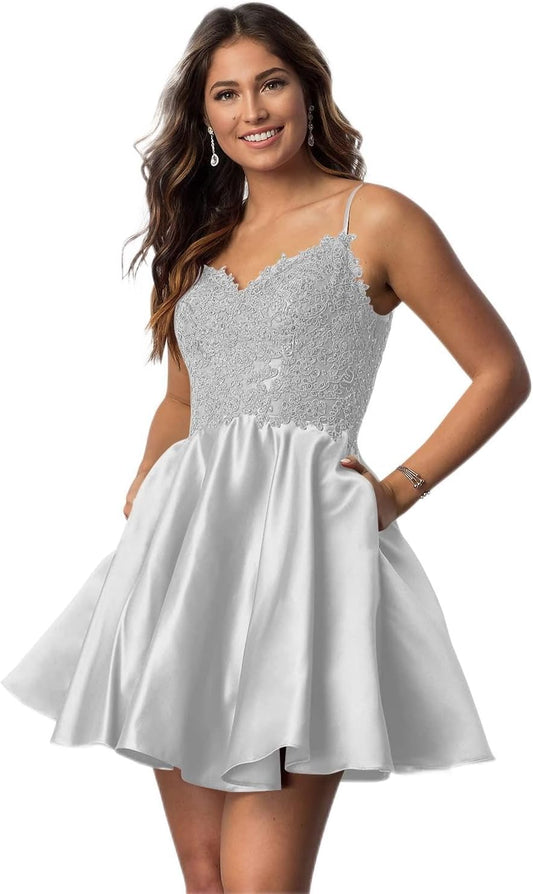 Vestidos cortos de fiesta con tirantes finos para jóvenes, con encaje, escote en V y bolsillos.