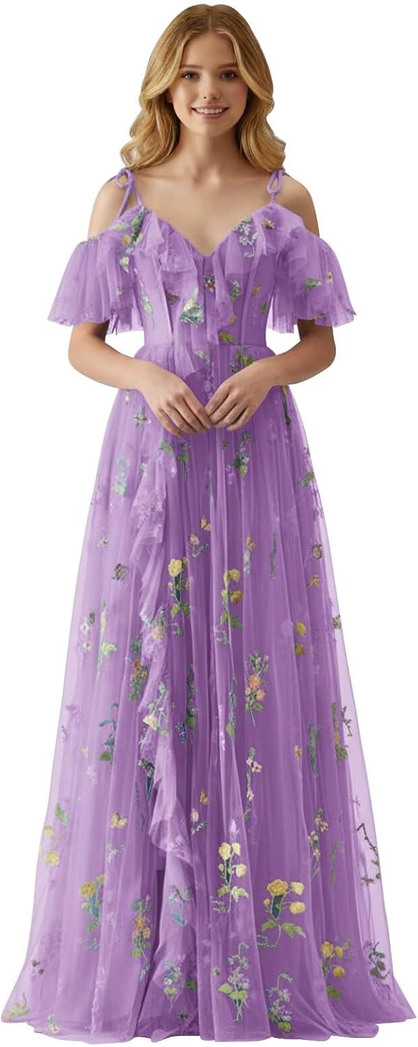 Fairy Tulle Junior Bridesmaid Dresses for Teen Girls Long Flower Embroidery Formal Prom Flower Girl Dress Gown with Slit