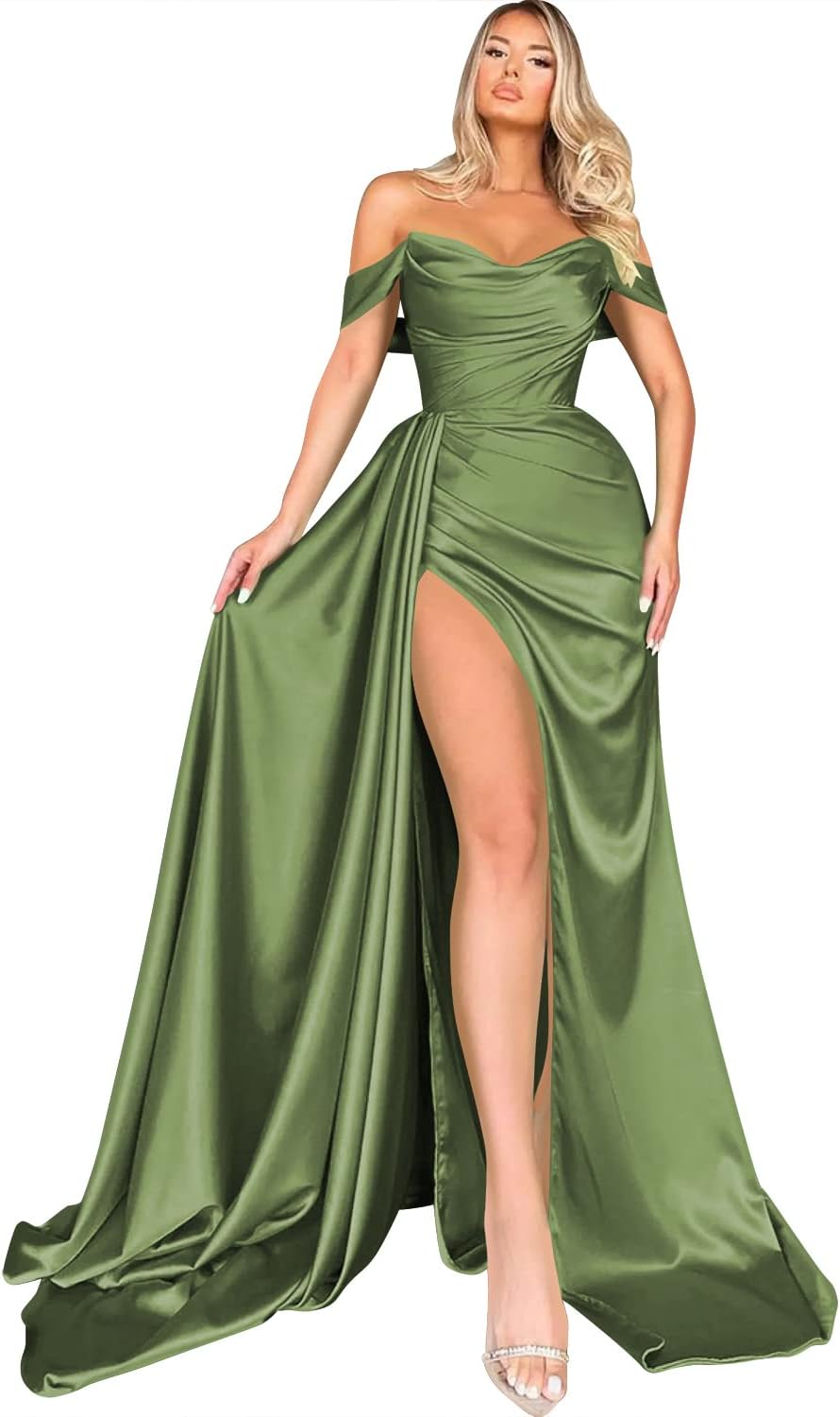 Women's Off Shoulder Mermaid Prom Dresses Long with Slit Pleates Wrap Satin Formal Evening Gowns