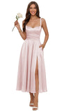Jacquard Satin Bridesmaid Dresses for Women Spaghetti Straps A Line Tea Length Formal Dress
