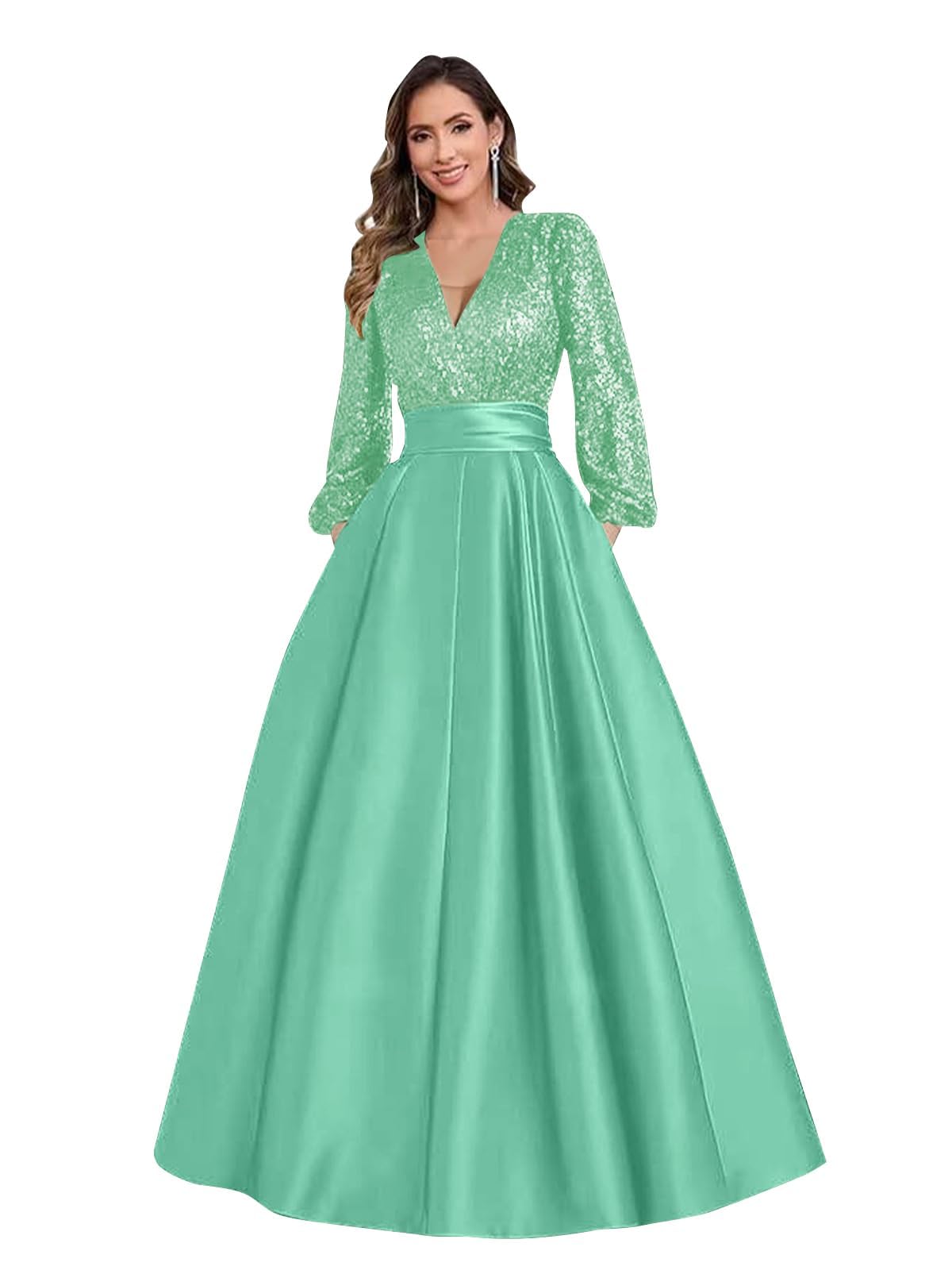 Satin Mother of Bride Dresses Long for Women Sequin Long Sleeve Evening Gown with Pockets