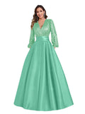 Satin Mother of Bride Dresses Long for Women Sequin Long Sleeve Evening Gown with Pockets