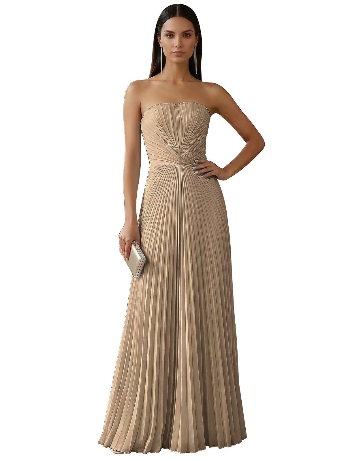 Strapless Prom Dresses for Women Long A Line Cocktail Dress Pleated Chiffon Formal Wedding Guest Dress