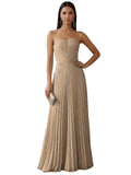 Strapless Prom Dresses for Women Long A Line Cocktail Dress Pleated Chiffon Formal Wedding Guest Dress