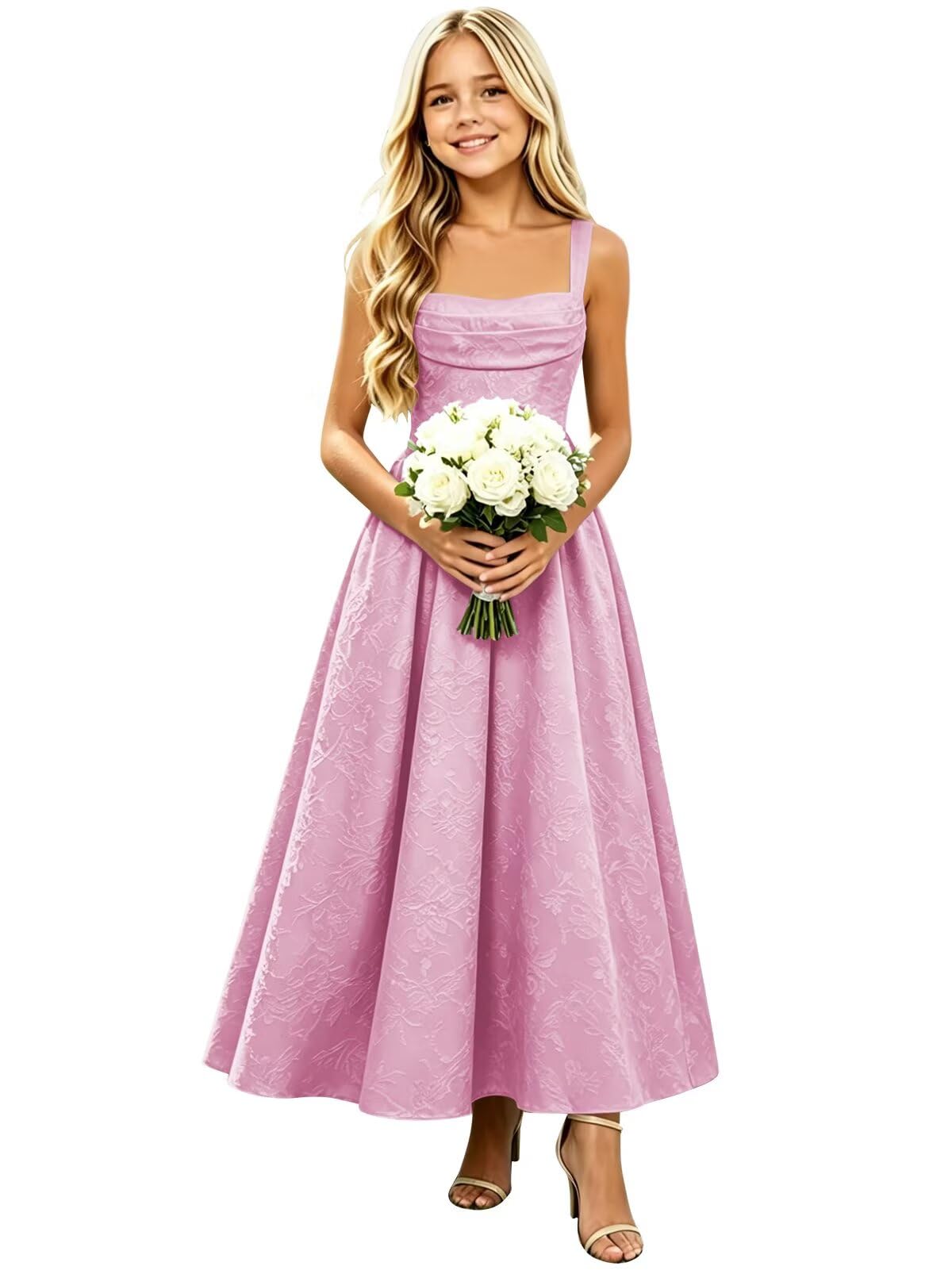 Floral Satin Jacquard Junior Bridesmaid Dresses Long Ruched Flower Girl Dress for Wedding