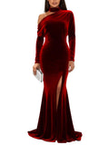 Mermaid Velvet Prom Dresses with Slit 2027 Long Sleeve Formal Dress for Women One Shoulder Evening Party Gowns