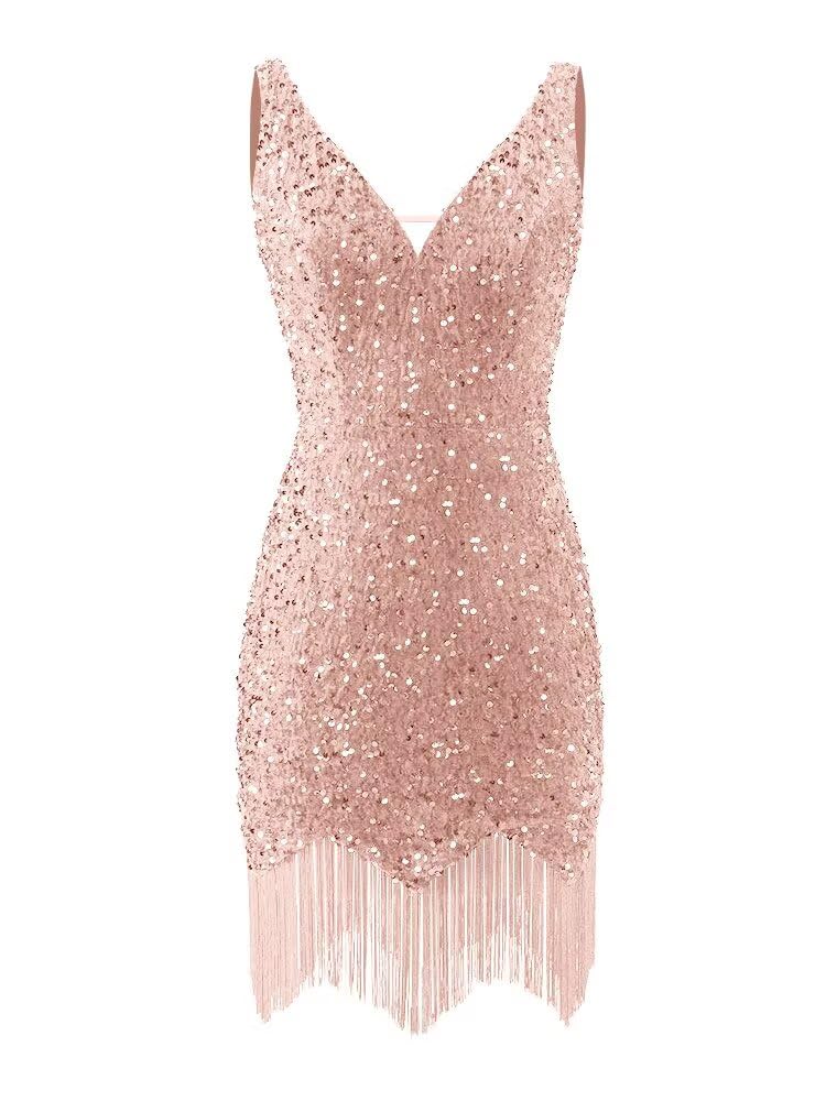 Kingbridal Gowns V Neck Sequin Homecoming Dresses for Teens 2027 Sparkly Tight Short Prom Cocktail Party Gowns with Tassels