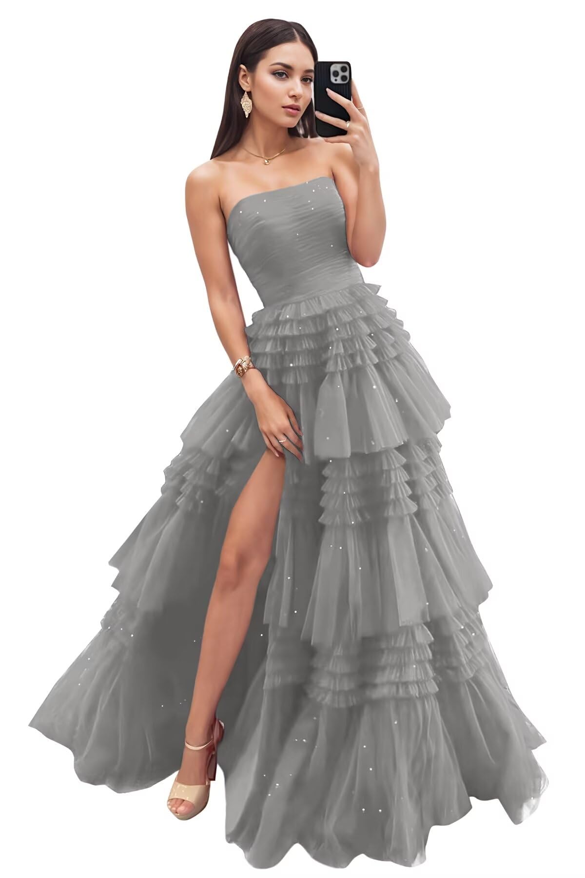 Strapless Tiered Tulle Prom Dresses for Women 2027 Long Sparkly A-Line Formal Evening Party Ball Gowns with Slit