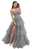 Strapless Tiered Tulle Prom Dresses for Women 2027 Long Sparkly A-Line Formal Evening Party Ball Gowns with Slit