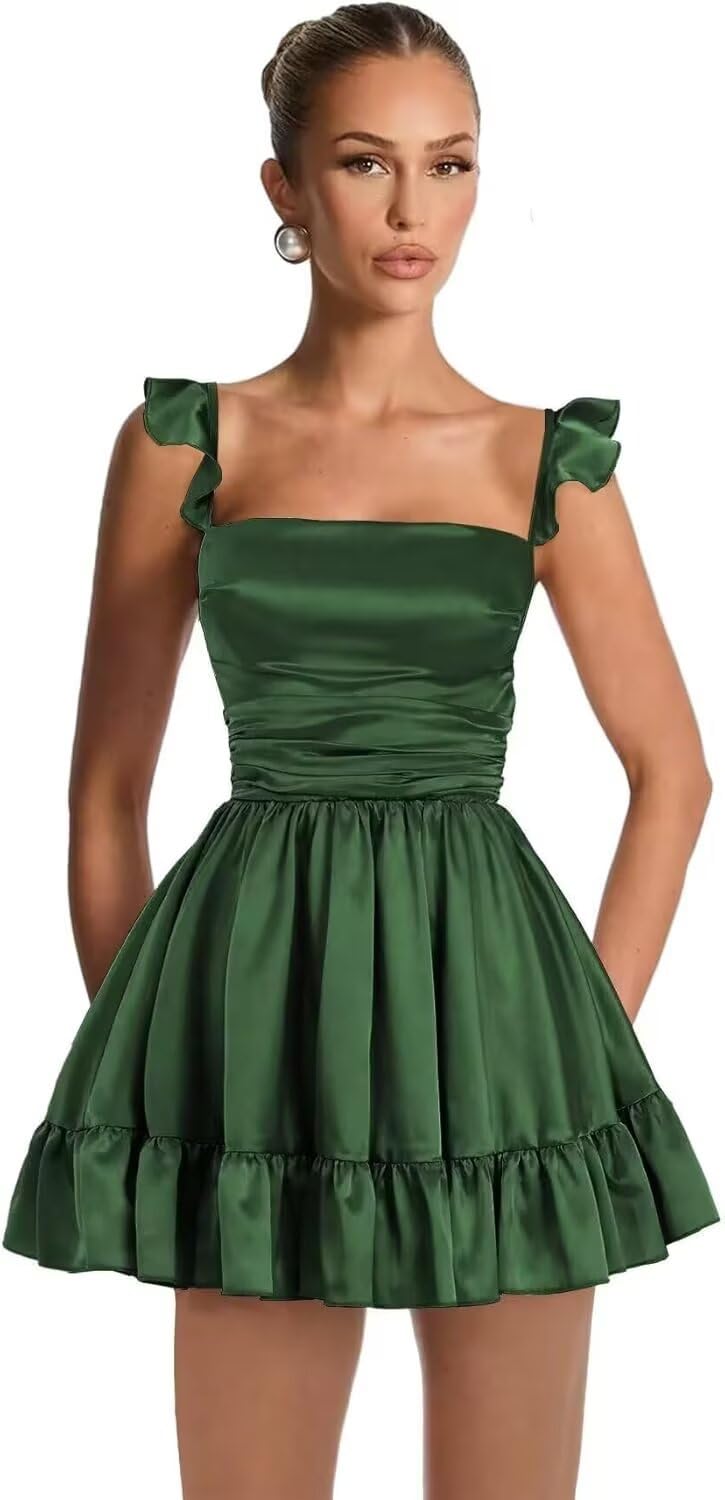 Satin Homecoming Dresses for Teens 2027 A-line Ruched Square Neck Short Prom Formal Cocktail Gowns with Pockets
