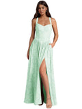 Jacquard Floral Lace Wedding Guest Dress Long Slit A Line Bridesmaid Dresses with Pockets Formal Gown