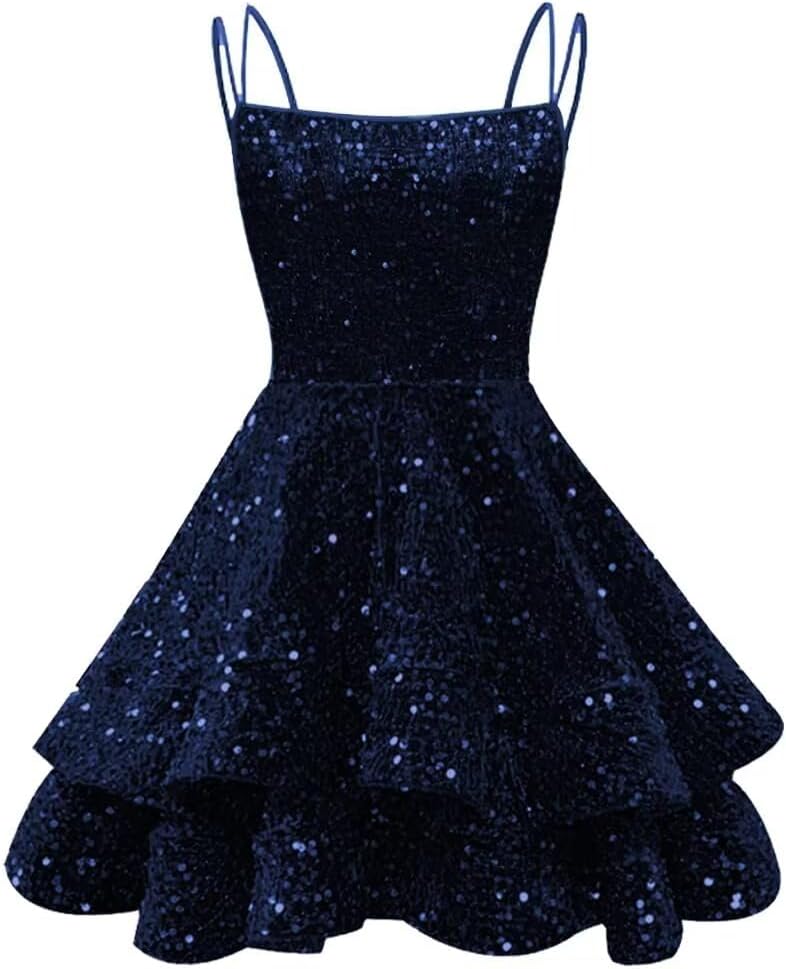 Spaghetti Straps Sequin Homecoming Dresses for Teens Sparkly Tiered Short Prom Dress 2026 Mini Cocktail Party Gown