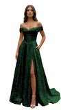 Jacquard Satin Prom Dresses Off the Shoulder Corset A Line Long Formal Gowns