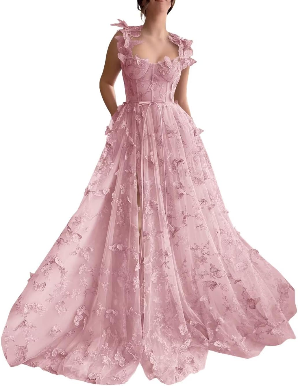 Vestidos de fiesta largos de tul con mariposas 3D para adolescentes, vestidos de fiesta formales de noche bordados con abertura 
