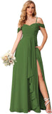 Damen Schulterfreies Brautjungfernkleid Lang mit Schlitz Chiffon Rüschen Falten Formales Partykleid 