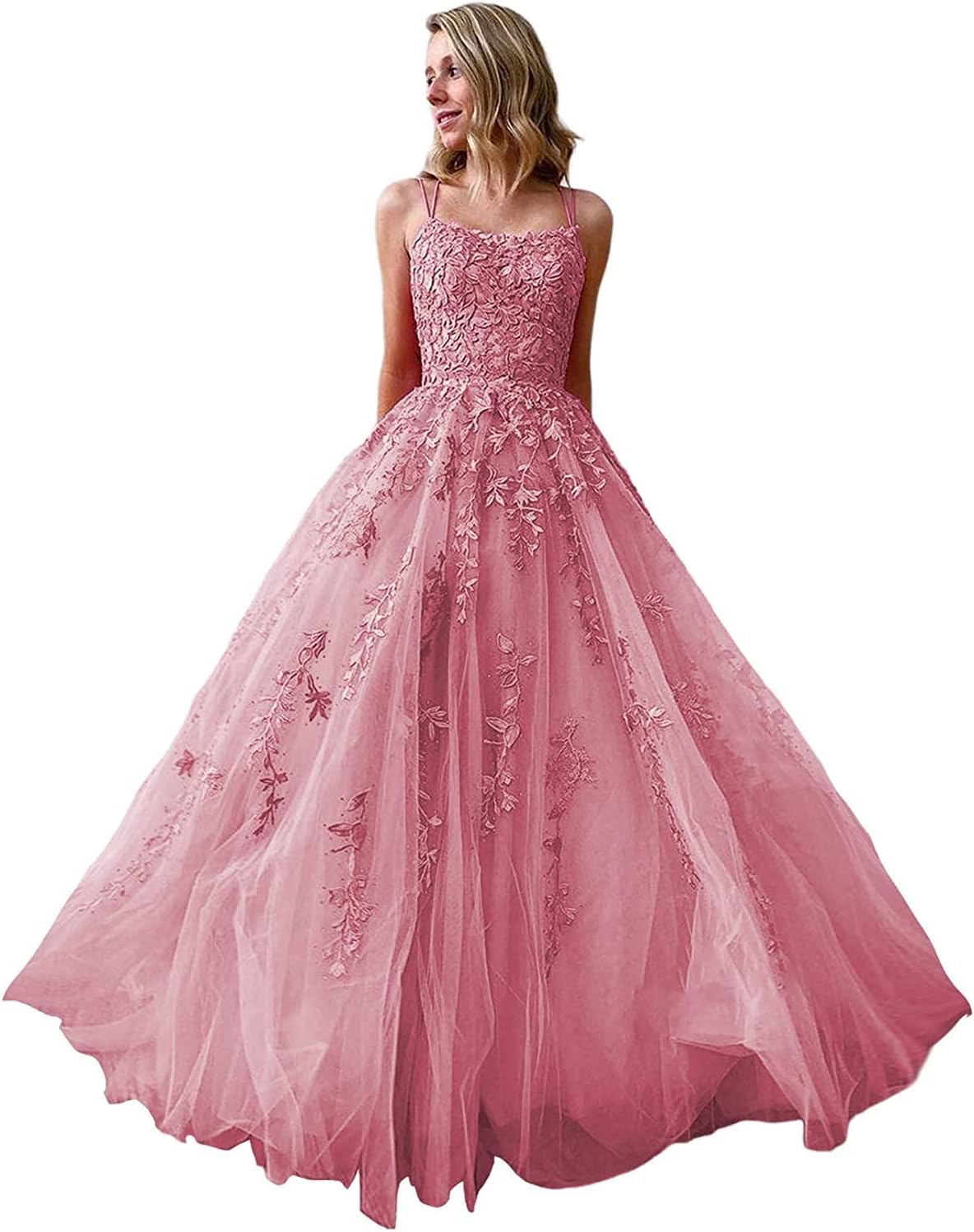 Ballkleider, langes Ballkleid für Damen, Spaghettiträger, Tüll, A-Linie, sexy, rückenfrei, formelle Partykleider mit Taschen 