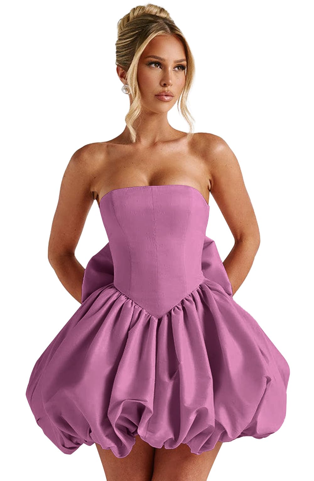 Satin Flower Bud Homecoming Dress Short Prom Dress with Bow Strapless A Line Mini Cocktail Party Gown