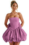 Satin Flower Bud Homecoming Dress Short Prom Dress with Bow Strapless A Line Mini Cocktail Party Gown