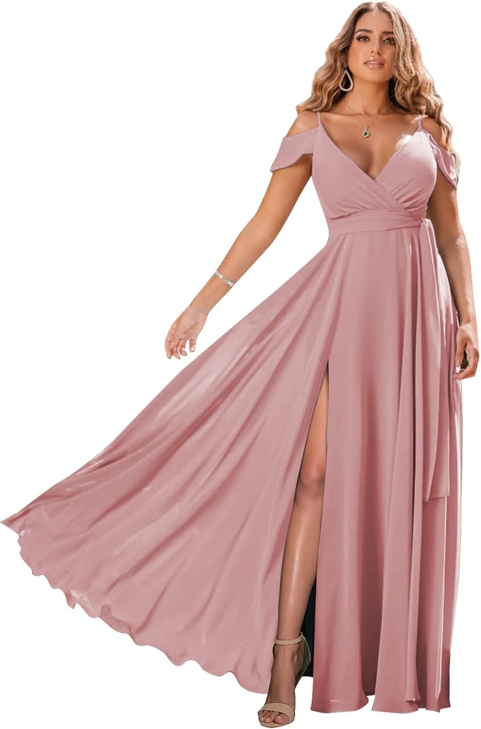 Schulterfreie Brautjungfernkleider 2025 für Frauen, langes Chiffon-Abendkleid mit V-Ausschnitt und Schlitz