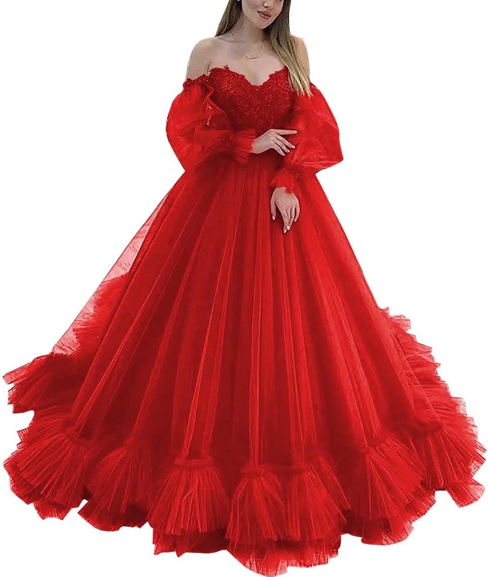 Off Shoulder Lace Appliques Ball Gown Quinceanera Dresses Long Sleeve Wedding Dress Bridal Gowns