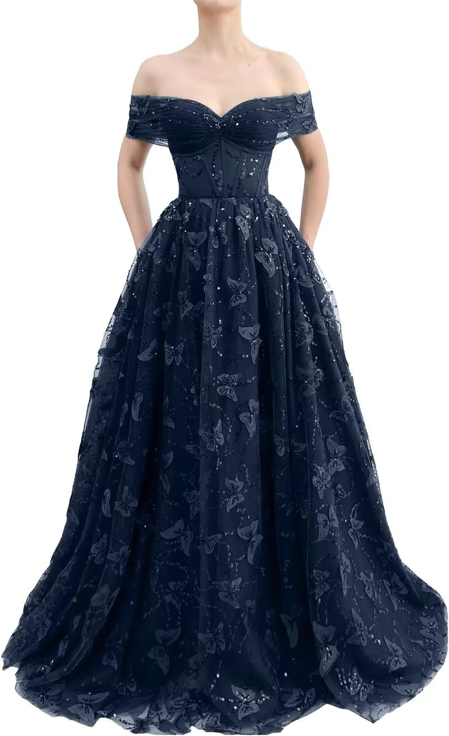 Sparkly Off Shoulder Tulle Prom Dresses with Butterfly Appliques Long A Line Formal Evening Party Gowns for Women