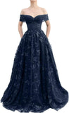 Sparkly Off Shoulder Tulle Prom Dresses with Butterfly Appliques Long A Line Formal Evening Party Gowns for Women