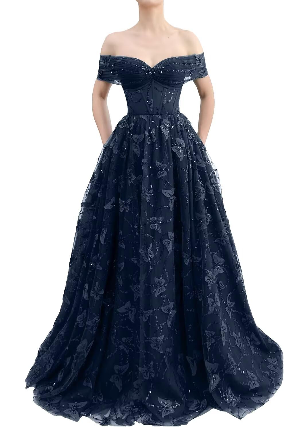 Sparkly Off Shoulder Tulle Prom Dresses with Butterfly Appliques Long A Line Formal Evening Party Gowns for Women