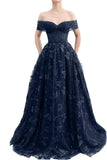 Sparkly Off Shoulder Tulle Prom Dresses with Butterfly Appliques Long A Line Formal Evening Party Gowns for Women