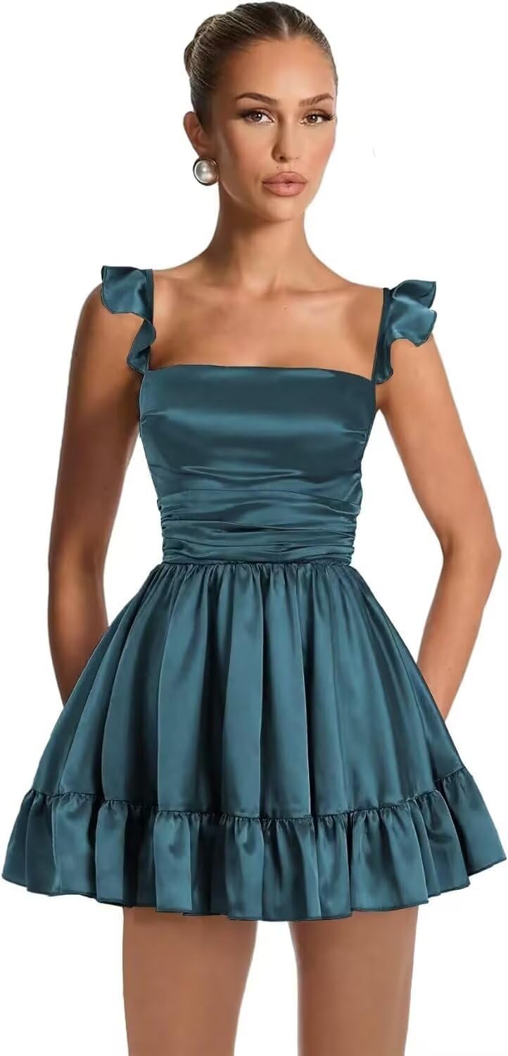 Satin Homecoming Dresses for Teens 2027 A-line Ruched Square Neck Short Prom Formal Cocktail Gowns with Pockets
