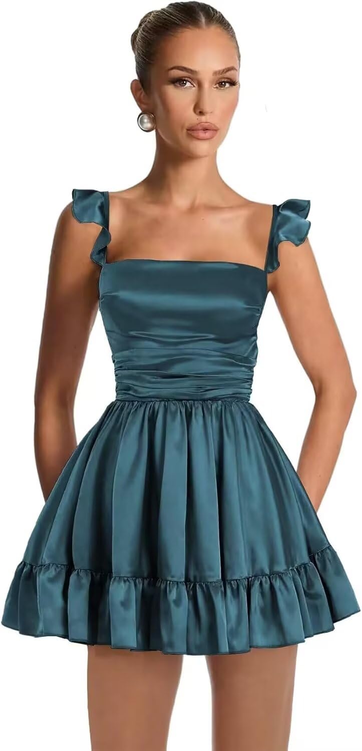 Satin Homecoming Dresses for Teens 2027 A-line Ruched Square Neck Short Prom Formal Cocktail Gowns with Pockets