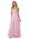 Spaghetti Strap Sparkly Prom Dress for Women Long Tulle Formal Dress Laces Evening Party Gown