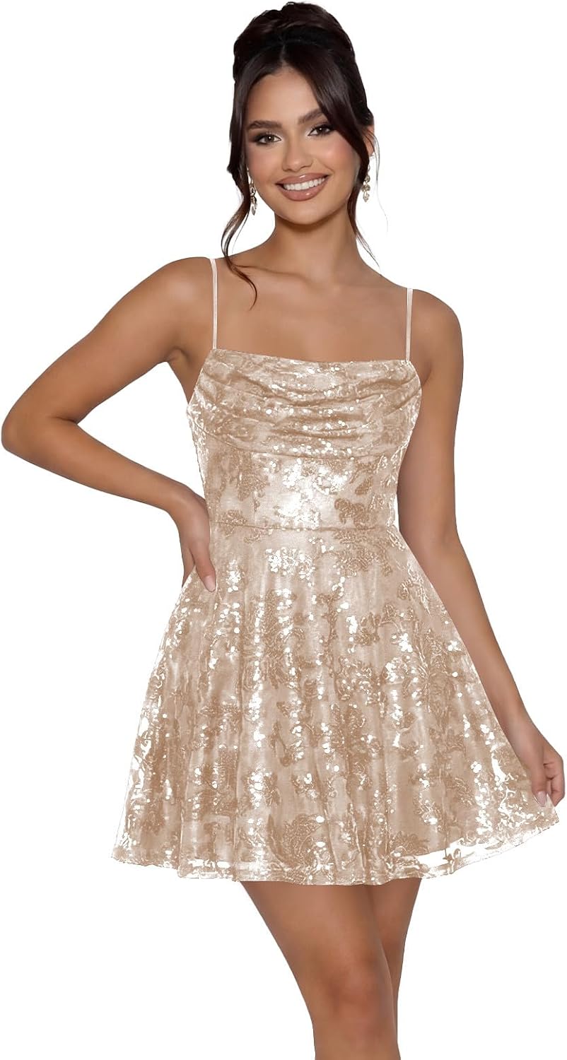 Sequin Prom Dresses 2026 for Teens Spaghetti Straps Cowl Neck Short Cocktail Party Dress