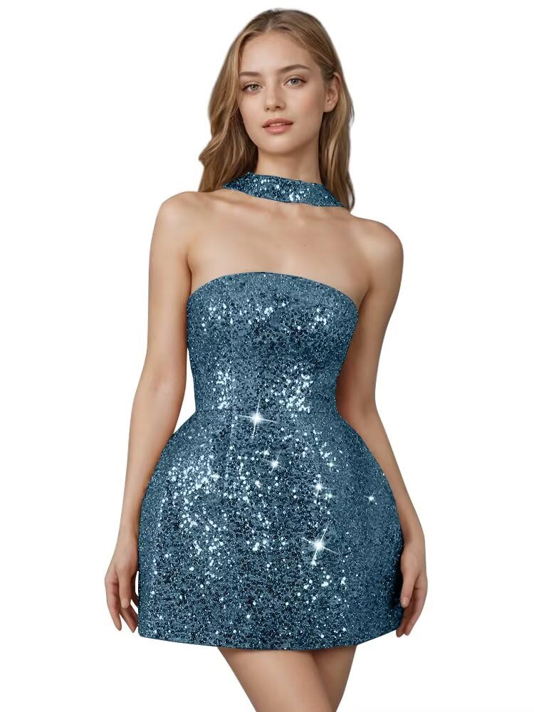 Strapless Sequin Homecoming Dresses for Teens Short Prom Dress Sparkly A-Line Cocktail Party Gowns with Pockets