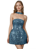 Strapless Sequin Homecoming Dresses for Teens Short Prom Dress Sparkly A-Line Cocktail Party Gowns with Pockets