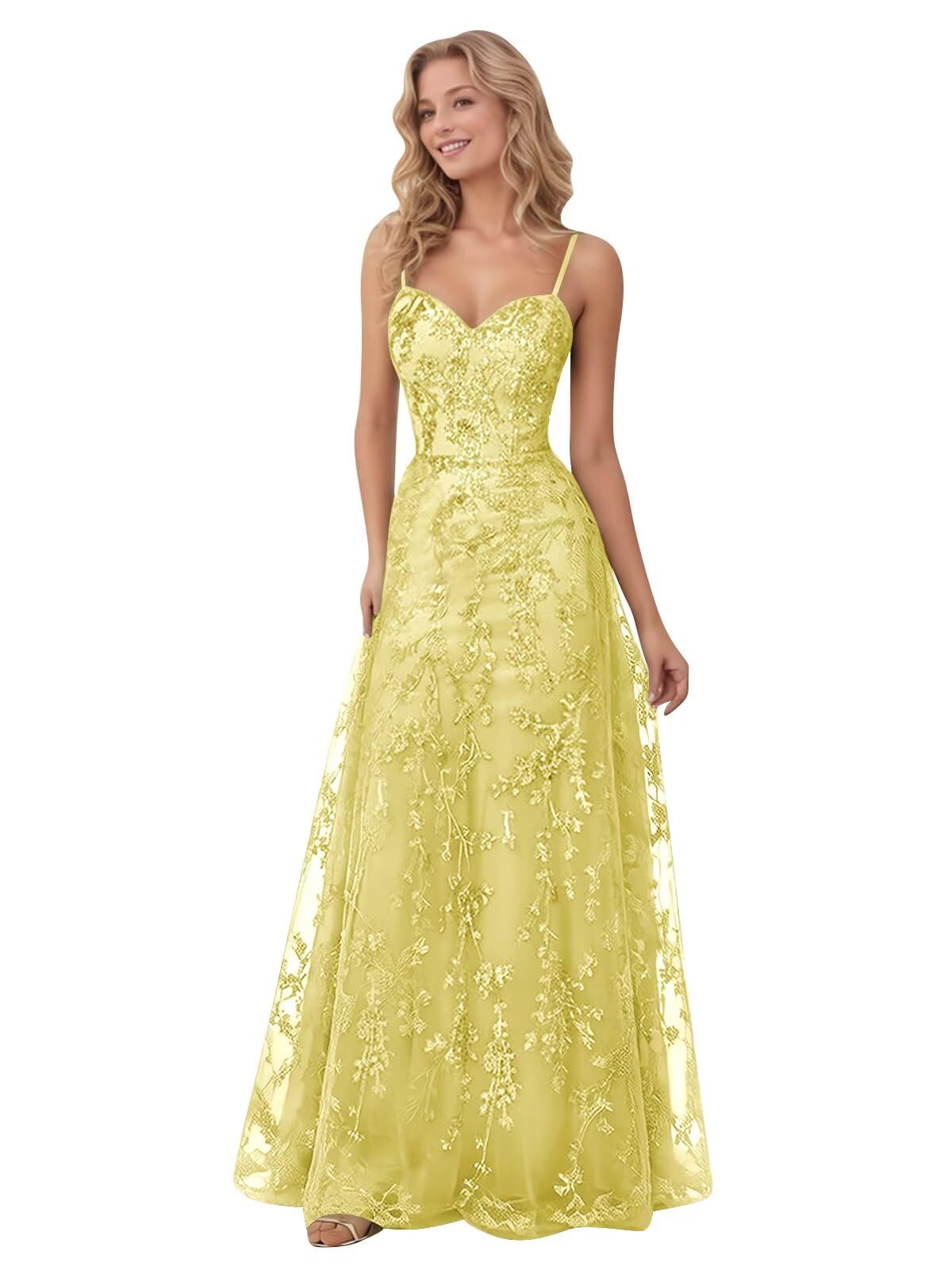 Spaghetti Strap Sparkly Prom Dress for Women Long Tulle Formal Dress Laces Evening Party Gown