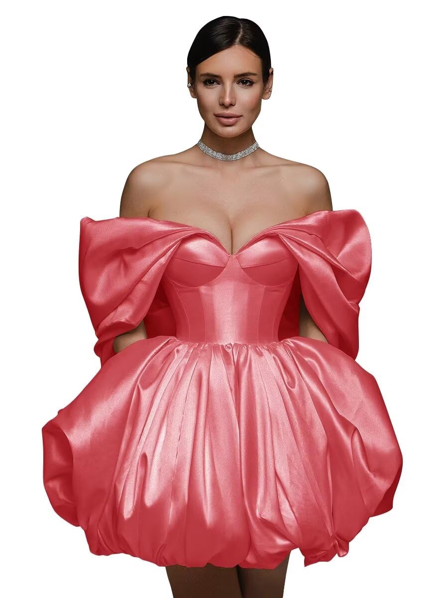 Off The Shoulder Short Wedding Dresses for Bride Puffy Satin Bridal Dresses w/Pockets Strapless Formal Ball Gowns