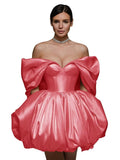 Off The Shoulder Short Wedding Dresses for Bride Puffy Satin Bridal Dresses w/Pockets Strapless Formal Ball Gowns