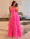 Tiered Prom Dresses with Bow Long A-Line Chiffon Formal Evening Dress for Women Spaghetti Straps Slit Ball Gown