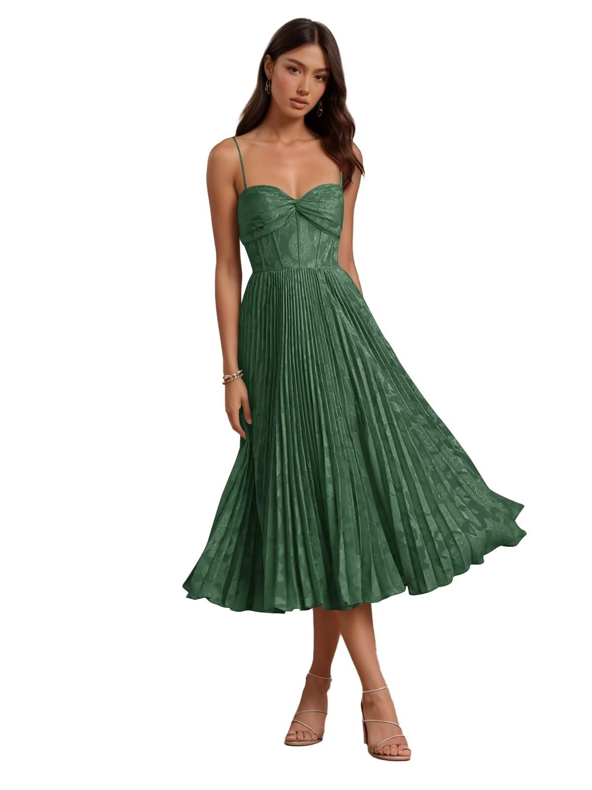 Floral Satin Midi Wedding Guest Dresses Pleated Tea Length Formal Evening Party Gowns