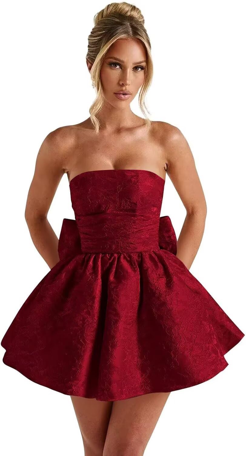 Strapless Satin Homecoming Dresses for Teens 2027 Jacquard A-line Short Prom Cocktail Gowns with Bow
