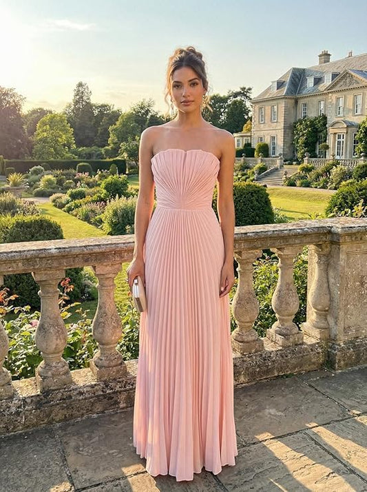 Women's Strapless Pleated Bridesmaid Dress Elegant Sweetheart Neck Formal Prom Gown for Wedding Guest