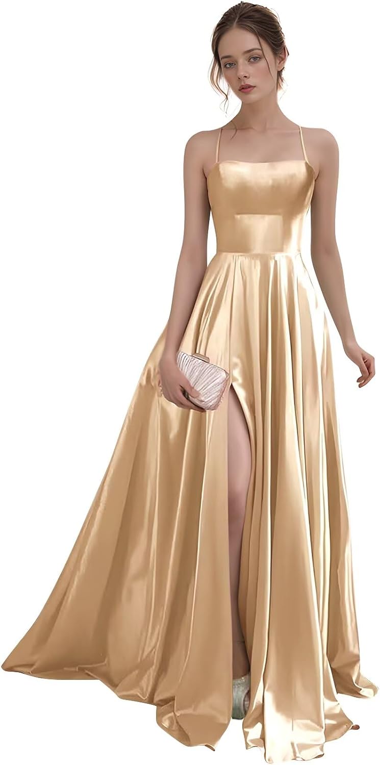 Women's Satin Prom Dresses with Slit Strapless A Line Corset Ball Gowns Spaghetti Straps Formal Evening Gowns with Pockets